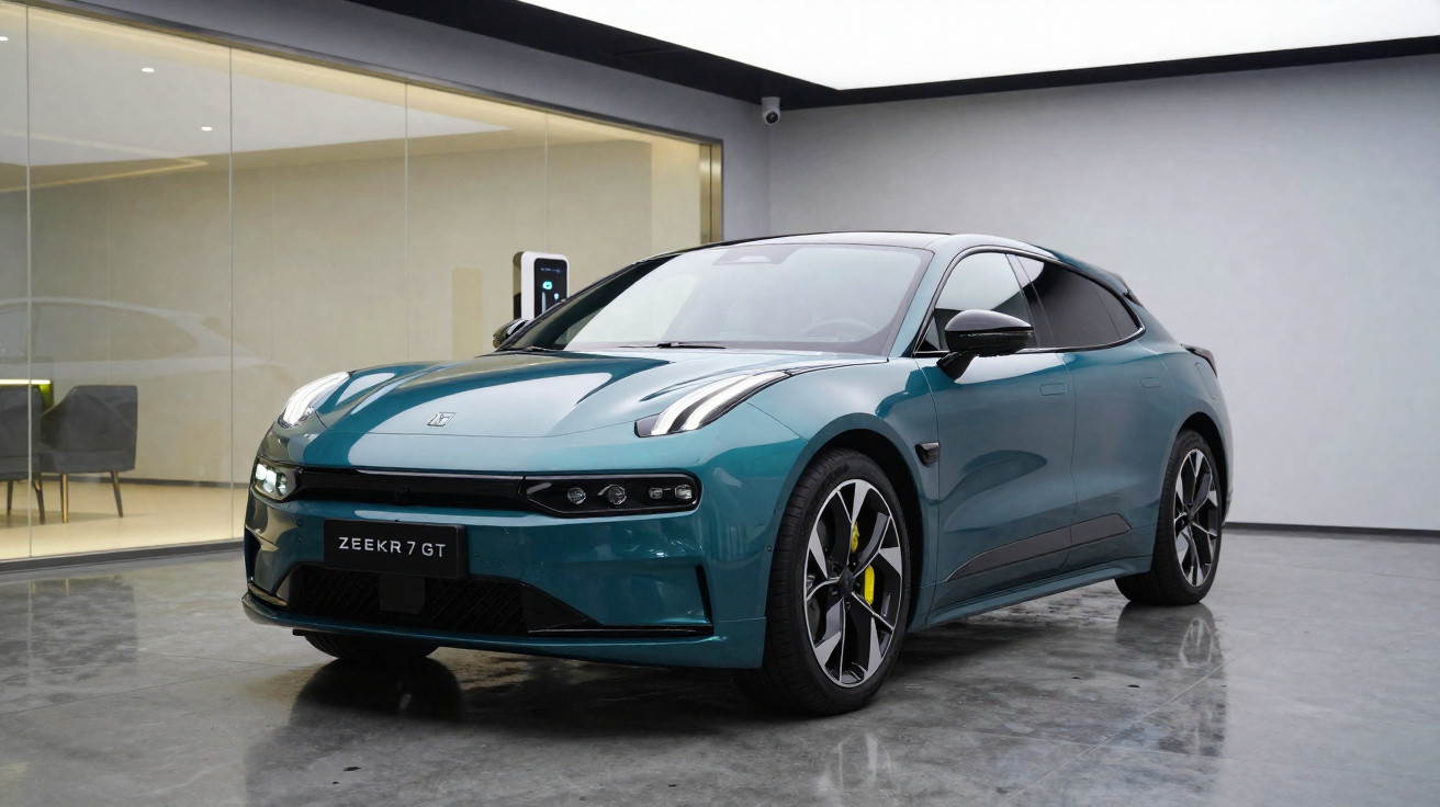 Carro elétrico Zeekr 7 GT azul estacionado numa garagem moderna com chão de cimento polido.