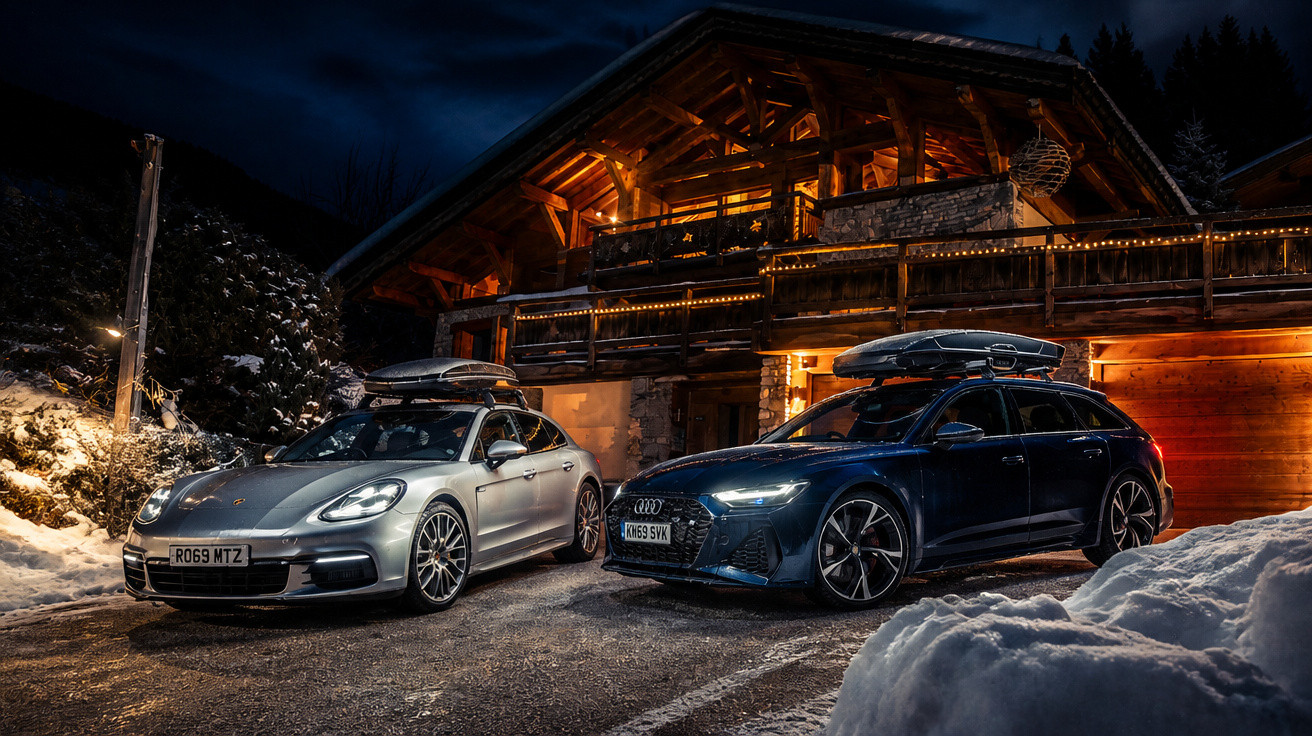 Dois carros desportivos com bagageiros no tejadilho estacionados em frente a chalé iluminado numa paisagem de neve à noite.