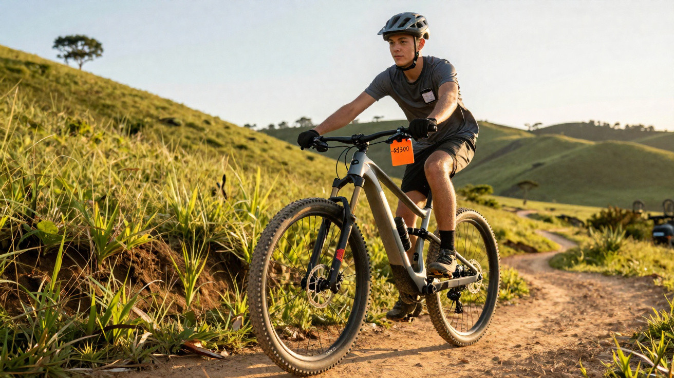 Jovem com capacete pedala bicicleta de montanha numa trilha de terra entre colinas verdes ao pôr do sol.