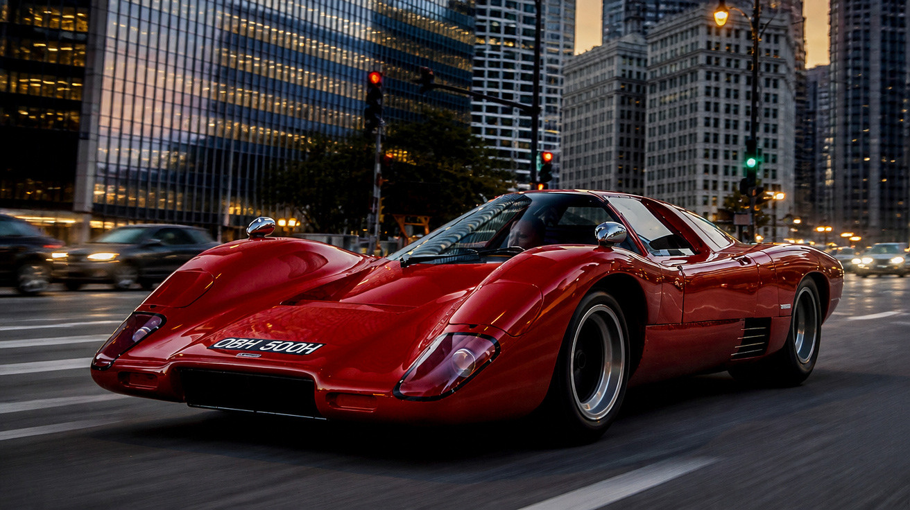 Carro desportivo clássico vermelho em estrada urbana com edifícios altos ao pôr do sol.
