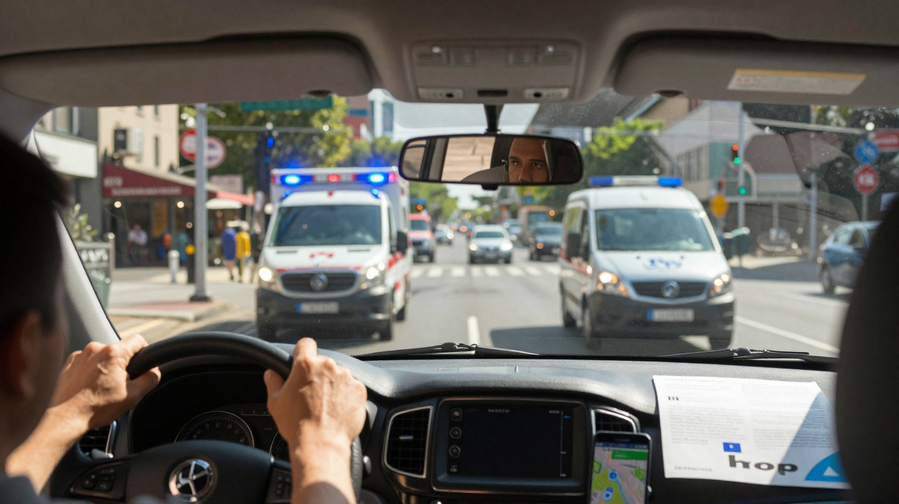 Interior de carro com motorista a olhar para duas ambulâncias na estrada à frente em ambiente urbano.
