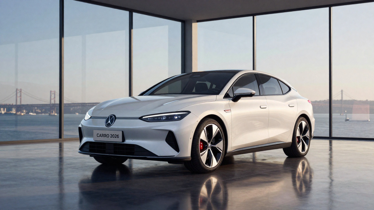 Carro elétrico branco modelo 2026 num espaço com vidro e vista para o rio e uma ponte ao fundo.