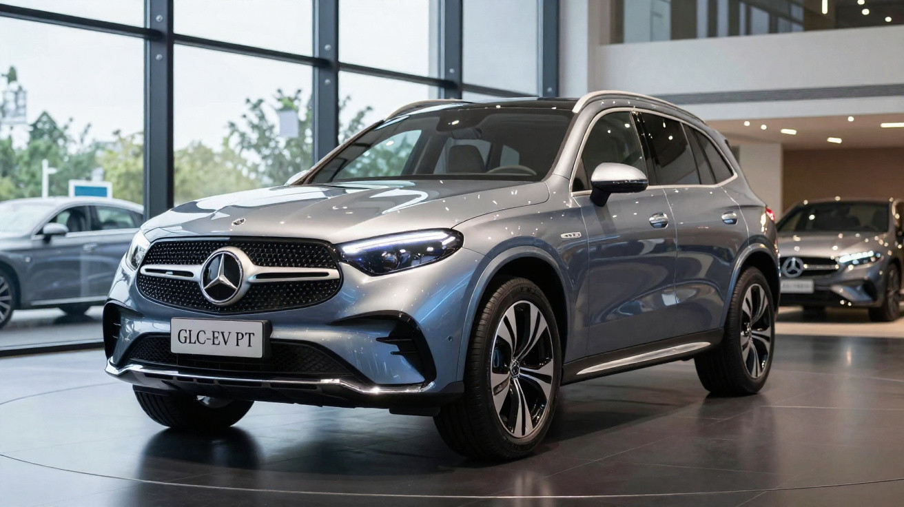 Carro elétrico Mercedes-Benz GLC EV de cor cinza exposto em salão moderno com janelas grandes.