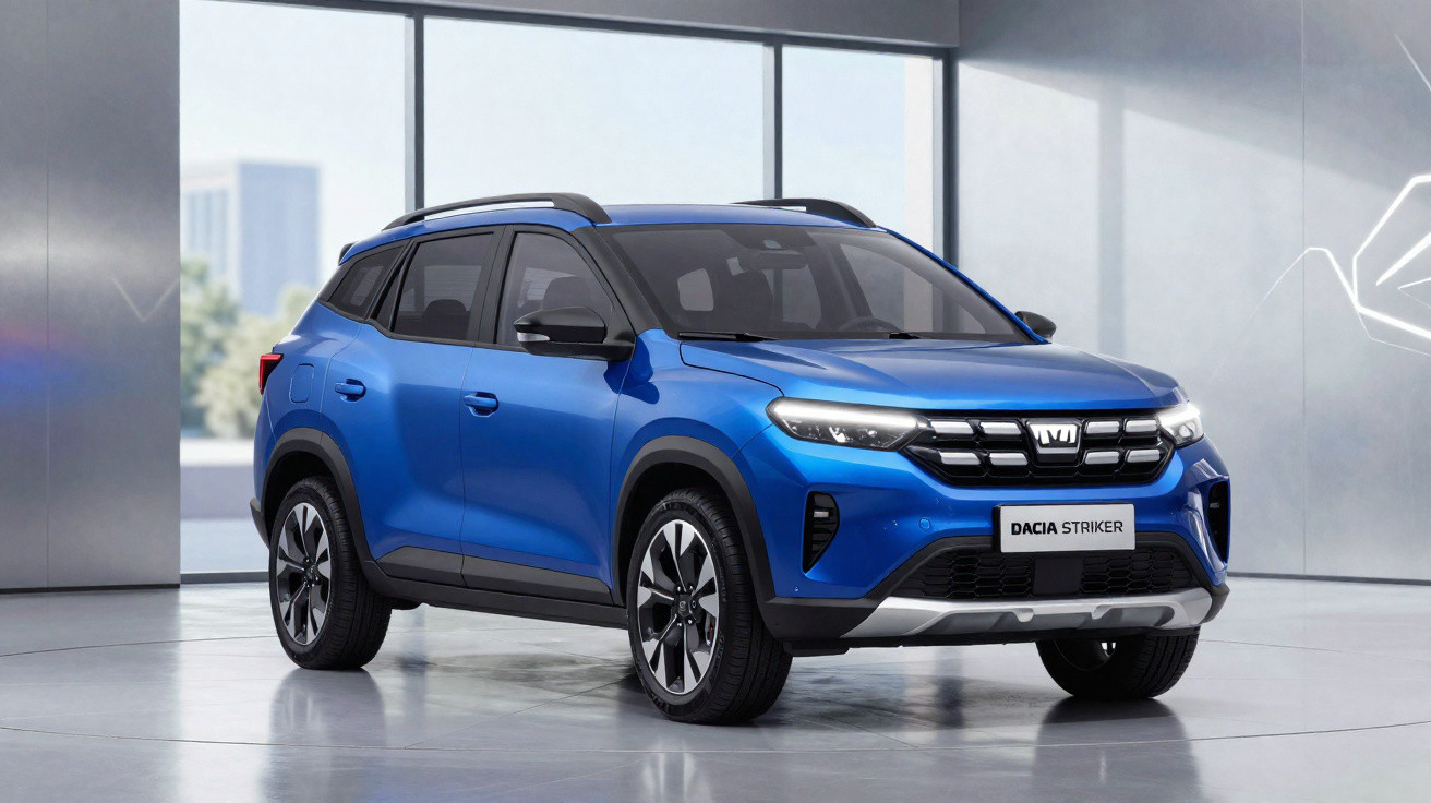 SUV Dacia Striker azul estacionado num ambiente moderno com grandes janelas e luz natural.