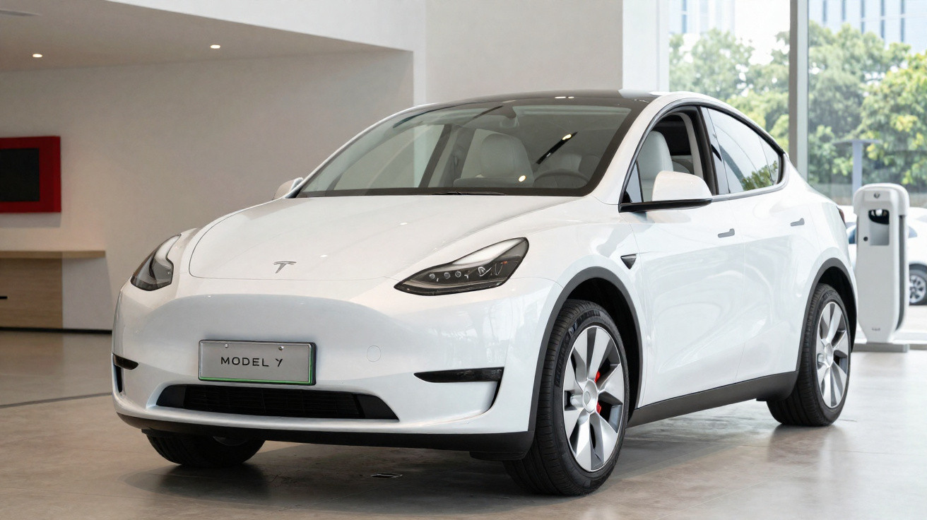 Carro elétrico Tesla Model Y branco estacionado num interior moderno com estação de carregamento.