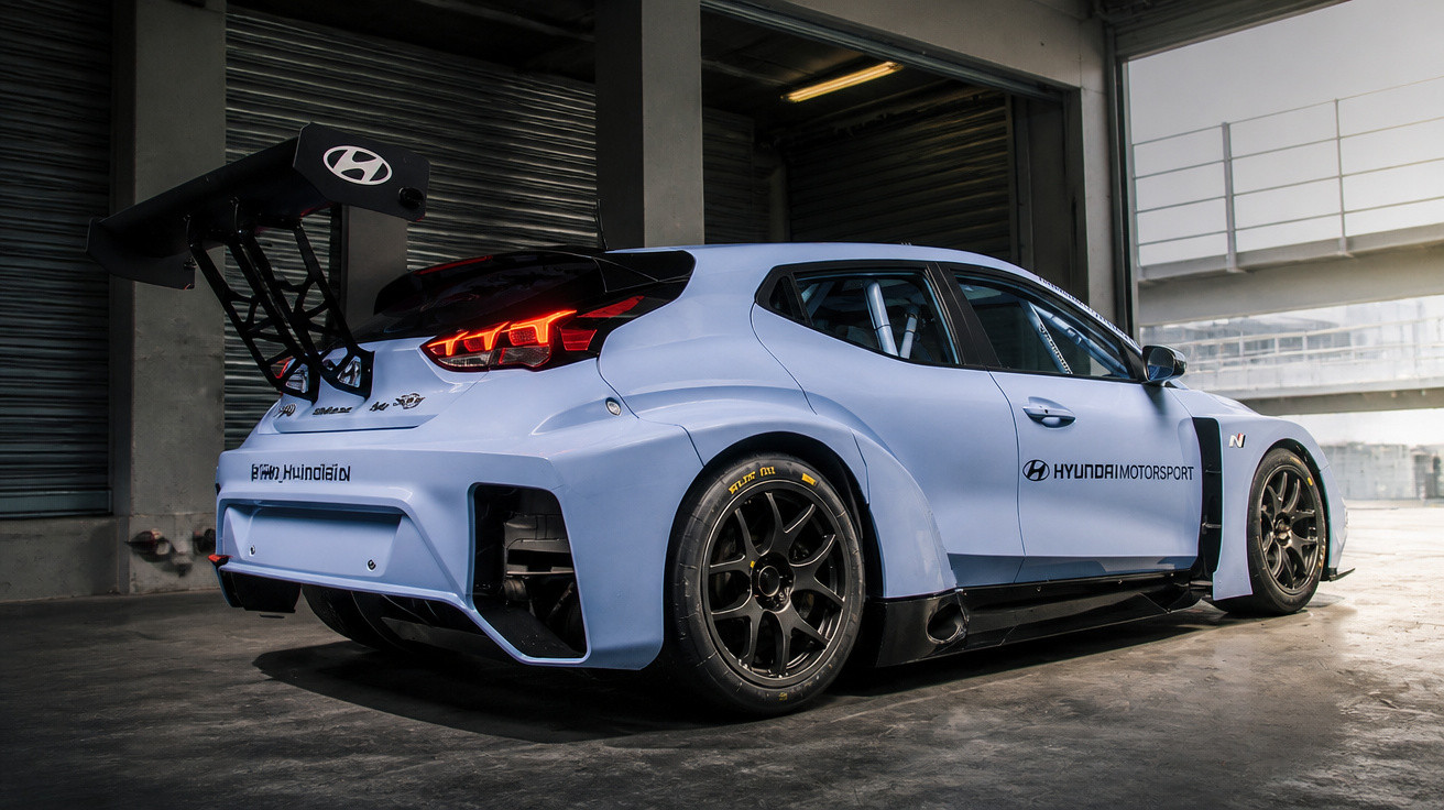 Carro de corrida Hyundai Motorsport azul claro, visto de trás num estacionamento coberto.