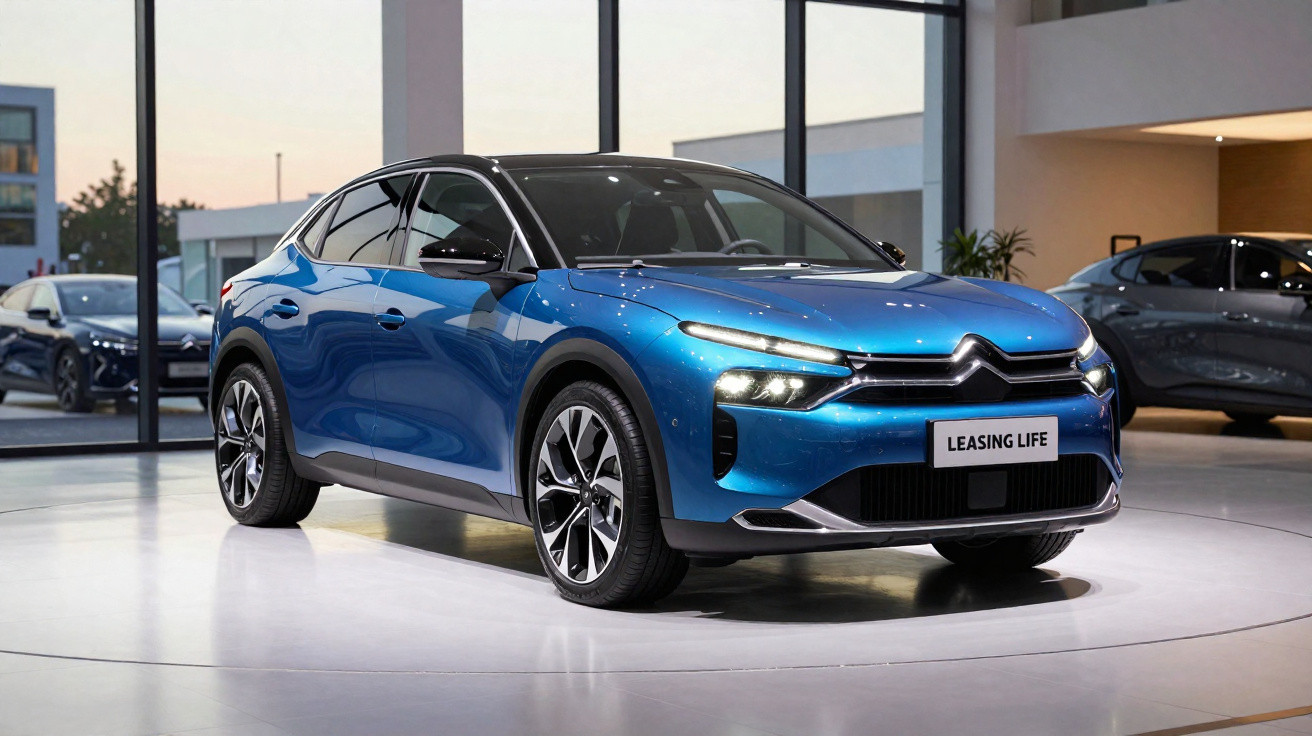 Carro Citroën elétrico azul exposto em showroom moderno com luz natural e janelas amplas.