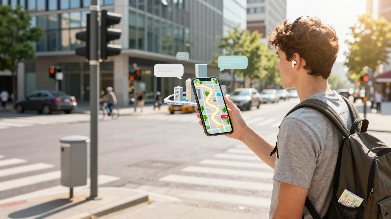 Jovem com mochila consulta mapa digital e direções no telemóvel numa passadeira urbana movimentada.