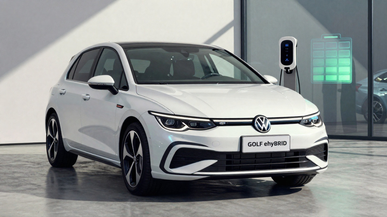 Carro elétrico Volkswagen Golf eHybrid branco a carregar numa estação de carregamento interior.
