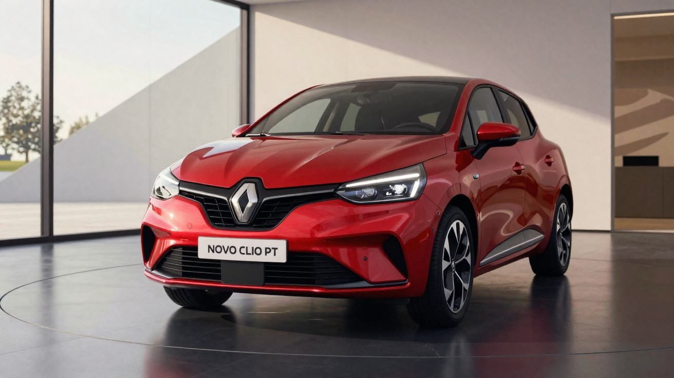 Carro Renault Novo Clio PT vermelho, moderno, estacionado num espaço interior iluminado.