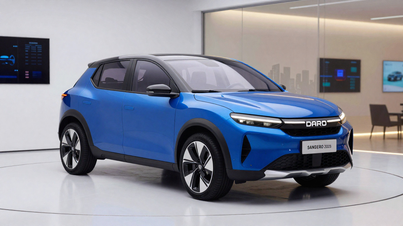 Carro elétrico azul Dardo Sandero 2026 apresentado em showroom moderno e iluminado.