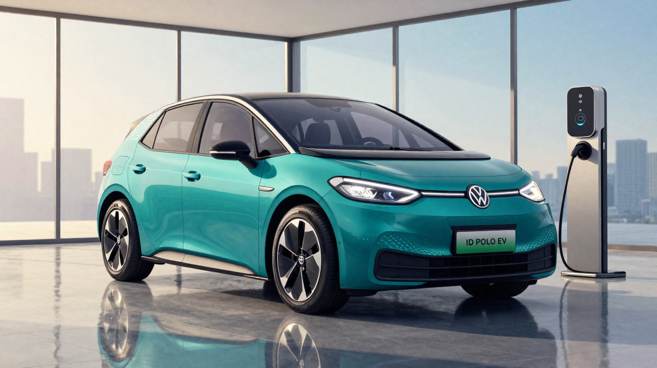 Carro elétrico Volkswagen ID. Polo EV azul a carregar numa estação de carregamento interior moderna.