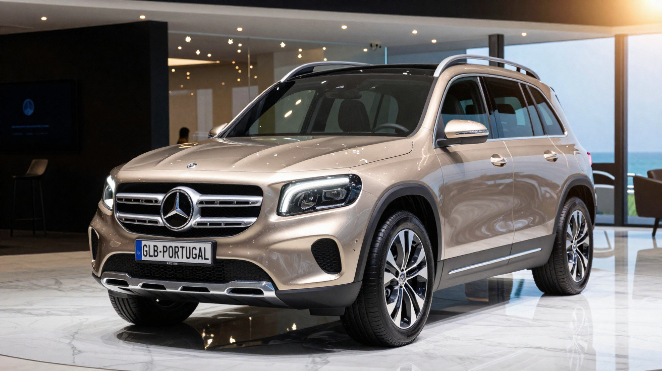 Carro Mercedes-Benz SUV cor bege num showroom moderno com chão em mármore e luz natural.