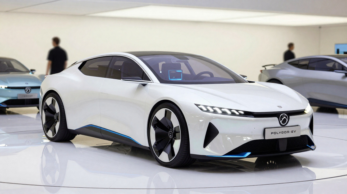 Carro elétrico branco futurista Polygon EV exposto em ambiente moderno com outras viaturas ao fundo.