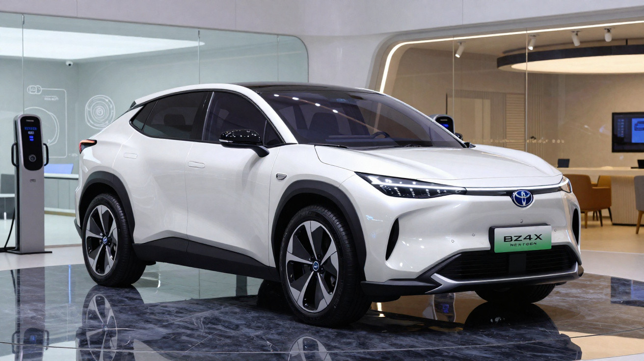 Carro elétrico Toyota bz4X branco estacionado em showroom moderno com posto de carregamento ao fundo.