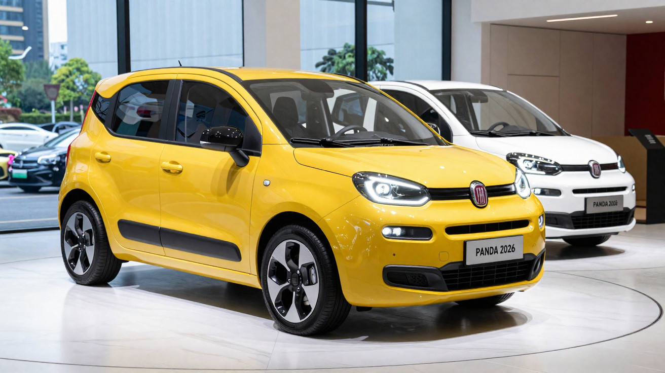 Dois carros Fiat Panda 2026, destaque para o modelo amarelo em destaque numa sala de exposição.