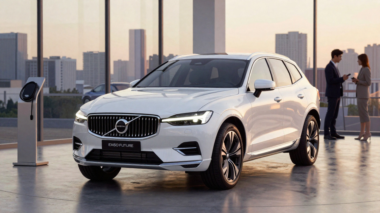 Carro elétrico Volvo EX60 branco estacionado junto a posto de carregamento, com duas pessoas a conversar ao fundo.