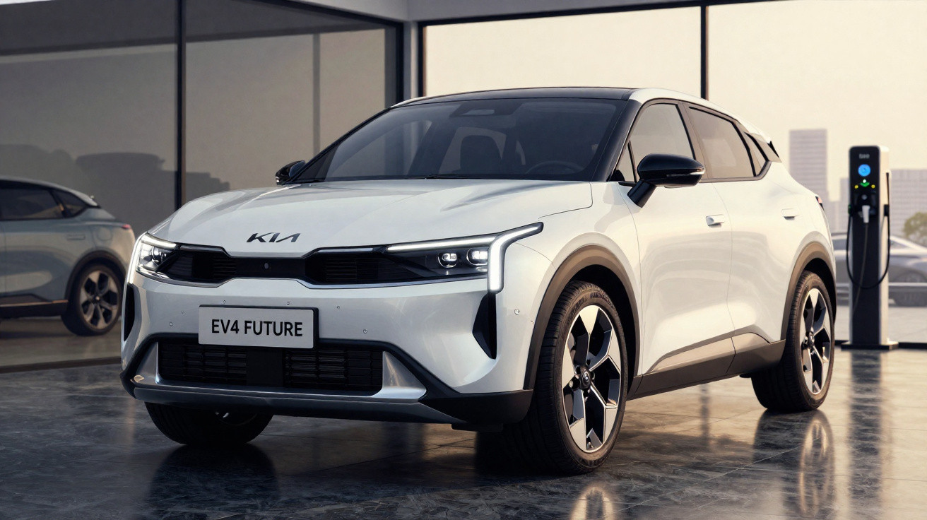 Carro elétrico Kia EV4 Future branco estacionado em garagem com posto de carregamento.