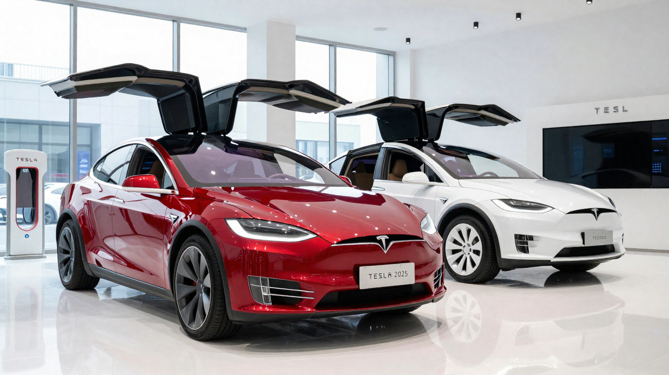 Dois carros Tesla com portas em asa de gaivota, um vermelho e outro branco, em showroom moderno e iluminado.