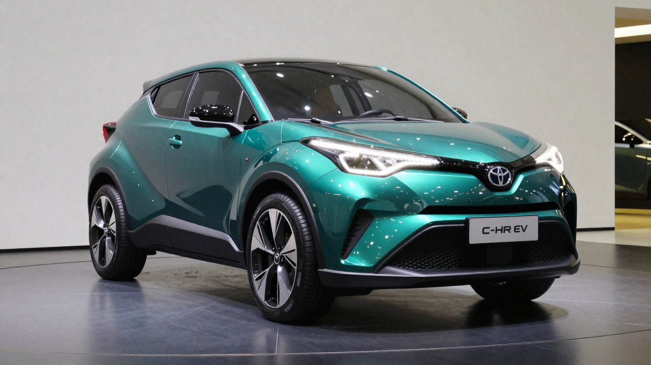 Carro elétrico Toyota C-HR EV verde, visto de frente num espaço interior moderno.