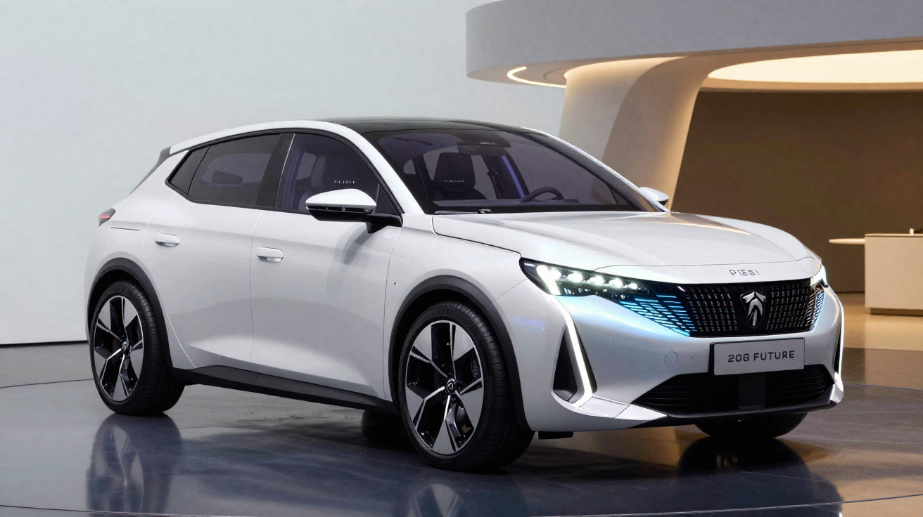 Automóvel elétrico Peugeot 208 Future branco em exposição num espaço moderno e minimalista.