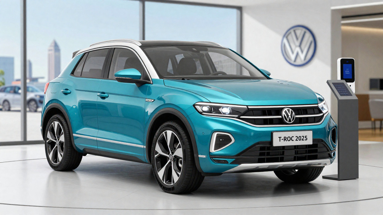 Carro Volkswagen T-Roc 2025 azul exposto num showroom moderno com carro visto de frente e lateral direita.