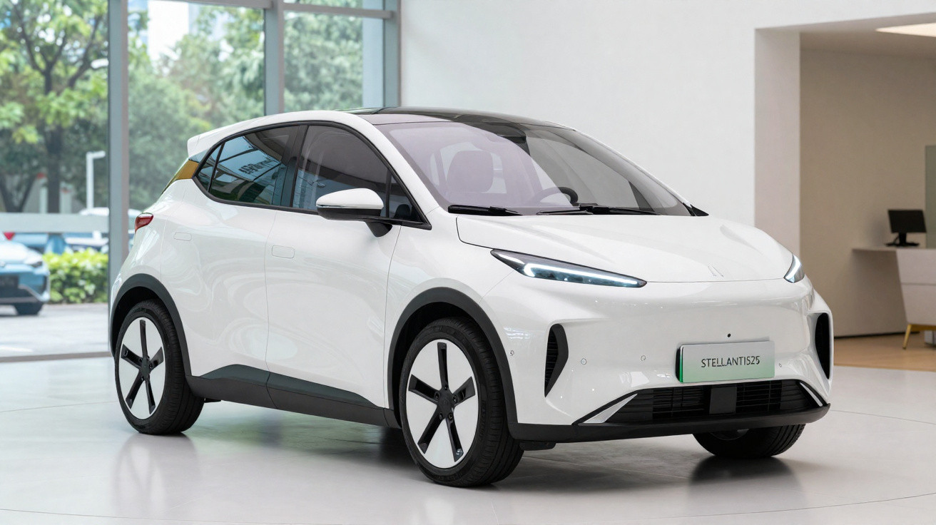 Carro elétrico branco moderno estacionado em espaço interior com janelas amplas e luz natural.