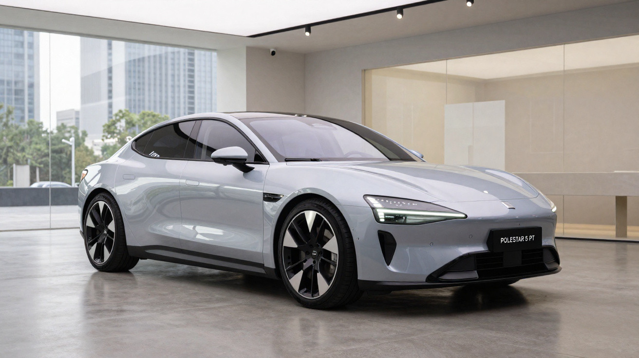 Carro elétrico cinzento Polestar 5 P8 GT estacionado em ambiente moderno com janelas amplas.