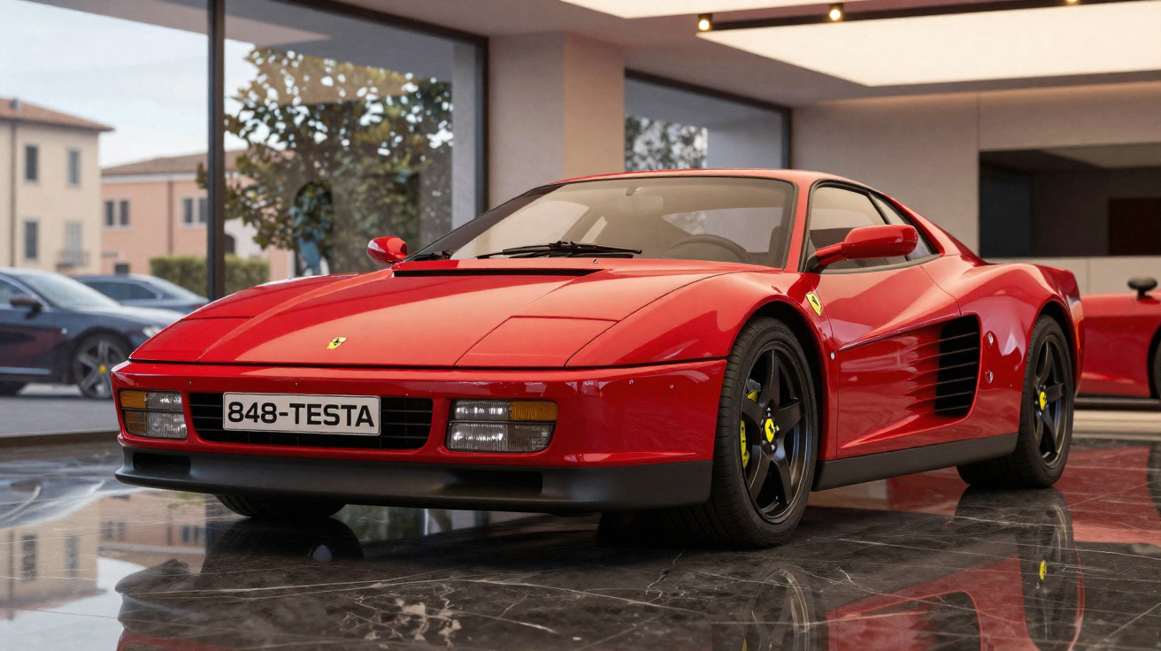 Carro desportivo Ferrari 848 Testa vermelho estacionado em piso interior de mármore.