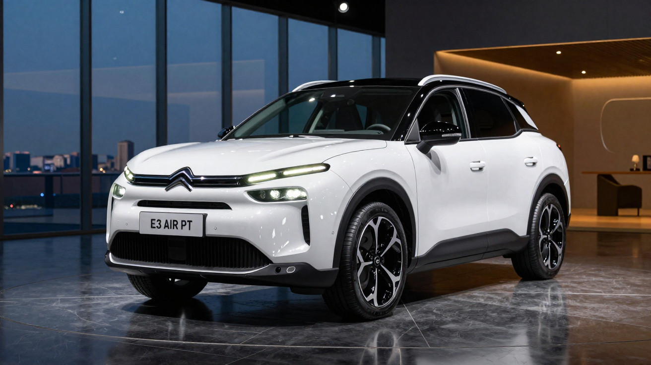 Automóvel Citroën E3 Air PT branco elétrico, SUV, estacionado em interior moderno com grandes janelas.