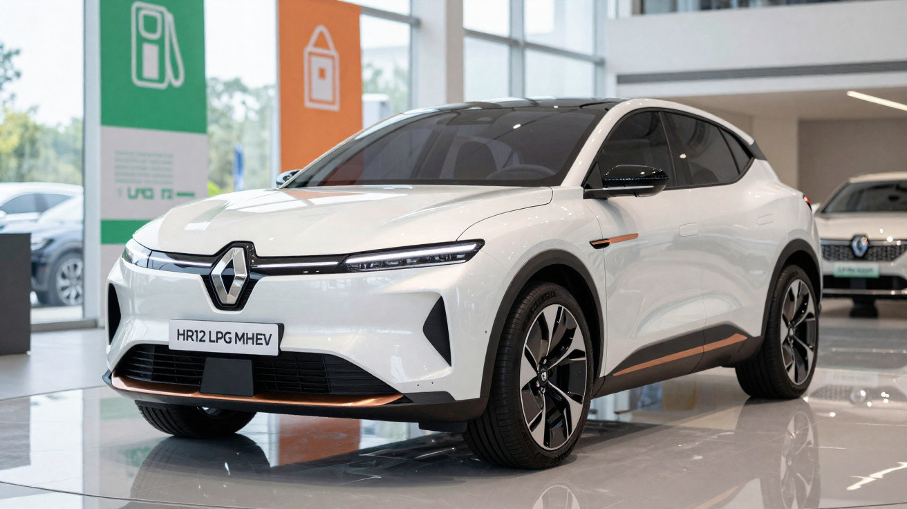 Automóvel branco Renault HR12 LPG MHEV apresentado numa loja moderna com piso brilhante.