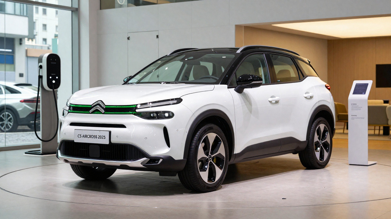 Veículo Citroën C5 Aircross 2025 branco exposto em salão com posto de carregamento elétrico ao lado.