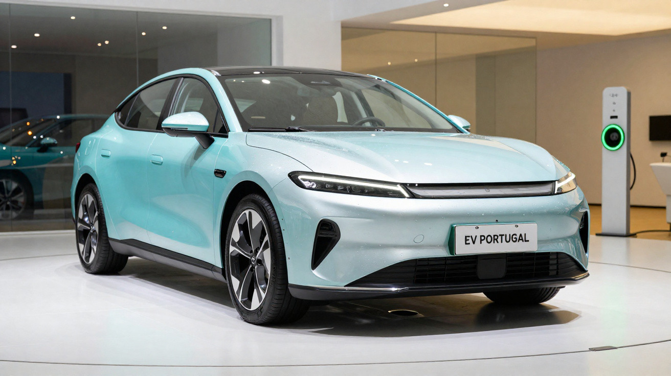 Carro elétrico azul claro em exposição, com design moderno e carregador na parede ao fundo.