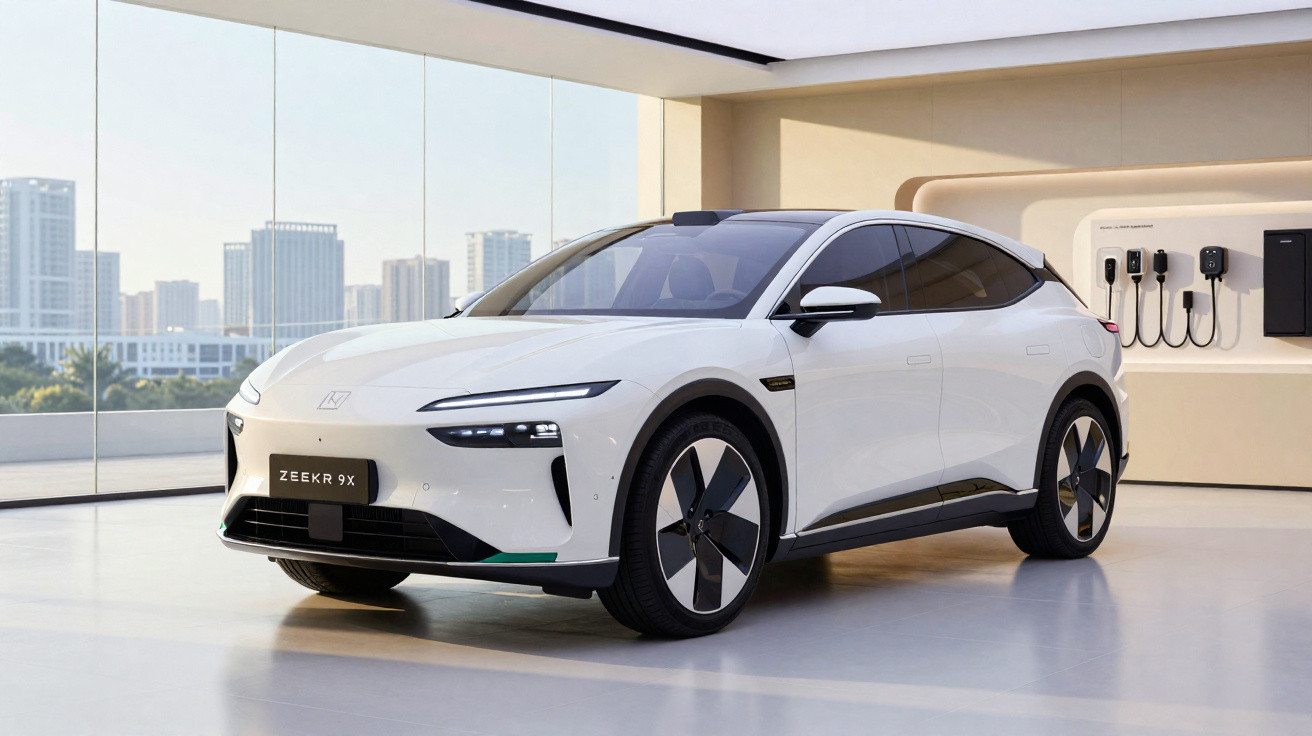 Carro elétrico branco ZEEKR 9X estacionado em showroom moderno com vista urbana ao fundo.