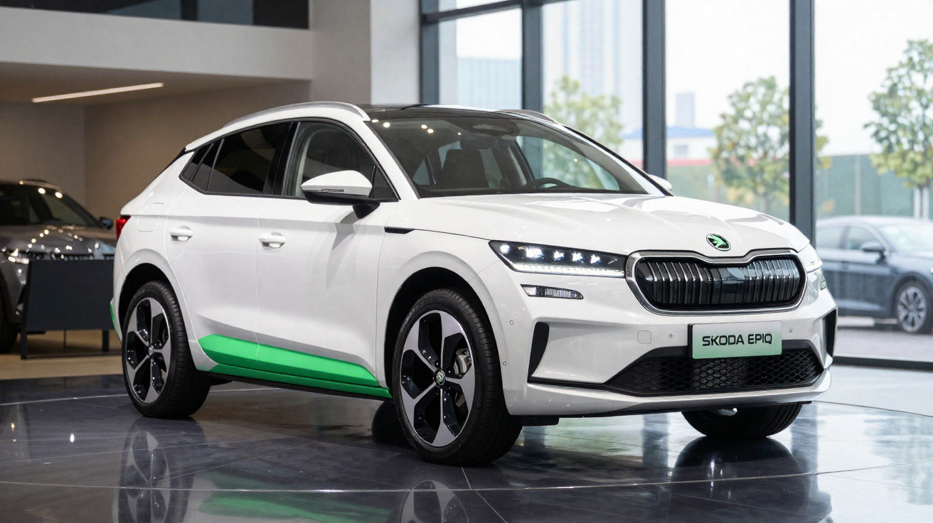 Carro elétrico Škoda Epiq branco com detalhes verdes exposto em showroom moderno com chão refletor.