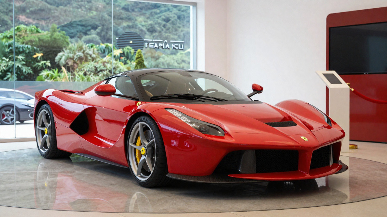Carro desportivo vermelho Ferrari exposto em showroom com janelas grandes e luz natural.