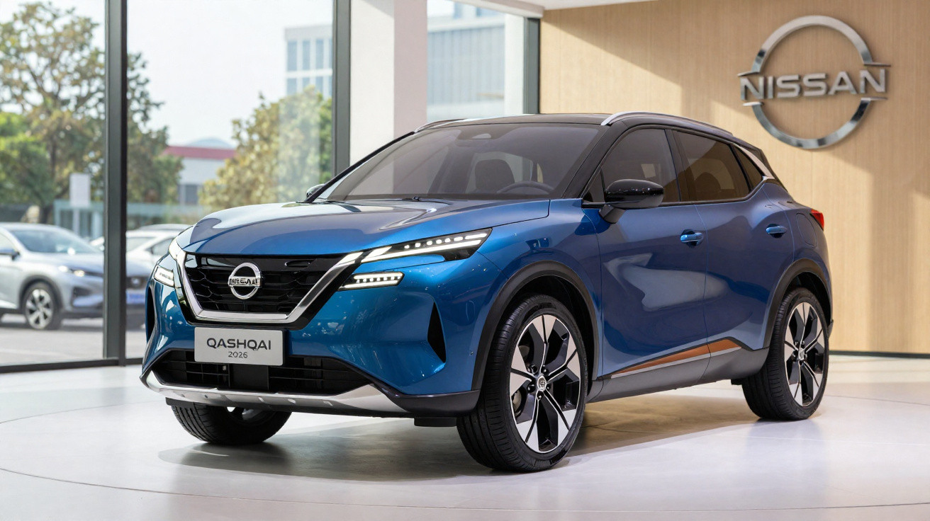 Carro Nissan Qashqai 2026 azul exposto em showroom moderno com logótipo da Nissan na parede.