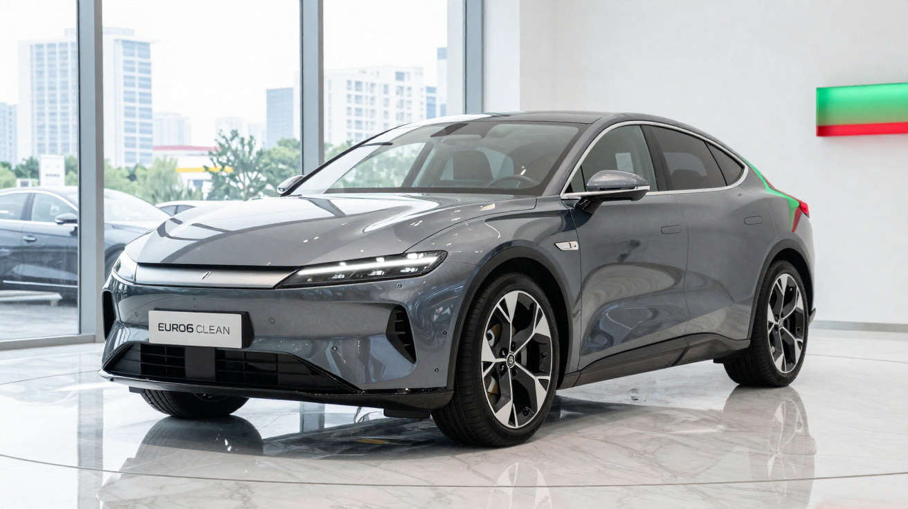 Carro elétrico cinzento com design moderno exposto numa sala com grandes janelas e piso de mármore.
