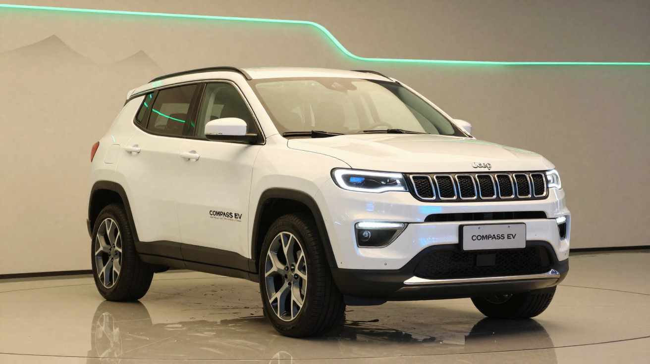 Jeep Compass EV branco estacionado em interior com luzes LED verdes na parede.