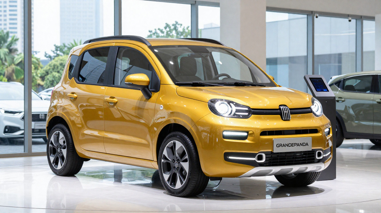 Carro Fiat Grande Panda amarelo exposto numa sala moderna com janelas grandes e luz natural.