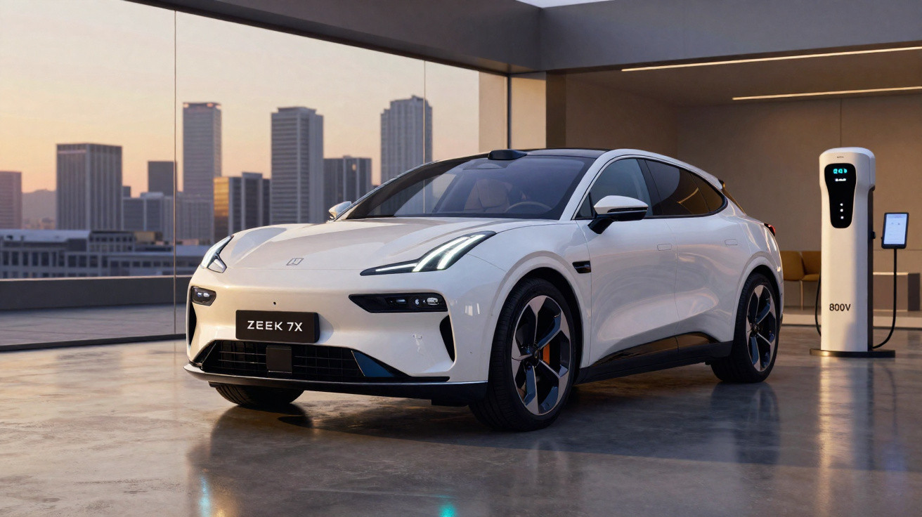 Carro elétrico branco Zeek 7X estacionado numa garagem moderna com estação de carregamento.