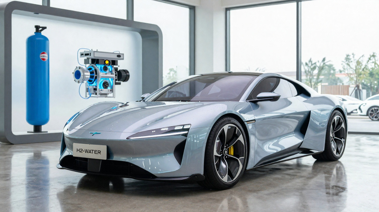 Carro desportivo eléctrico cinza prateado com motor de hidrogénio exibido em stand moderno.