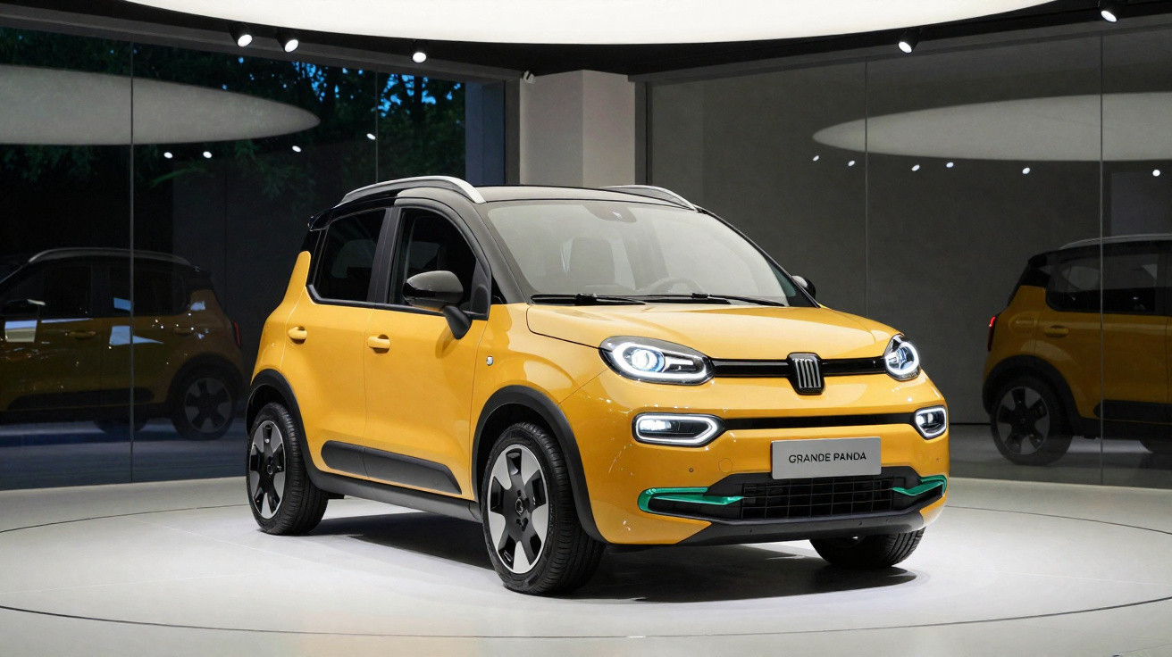 Carro Fiat Grande Panda amarelo exposto num salão moderno com paredes espelhadas.