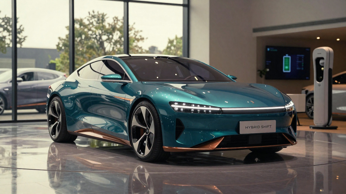 Carro elétrico verde-azulado com design futurista exposto numa sala moderna e iluminada.