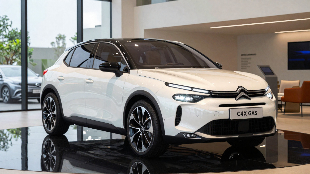 Carro Citroën C4X gas branco exposto numa sala moderna com grandes janelas e assentos à direita.