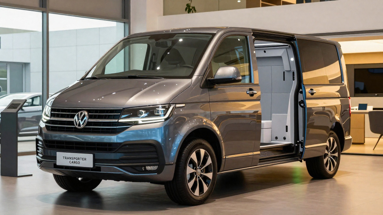 Carrinha Volkswagen Transporter Cargo cinzenta com porta lateral aberta em showroom moderno.