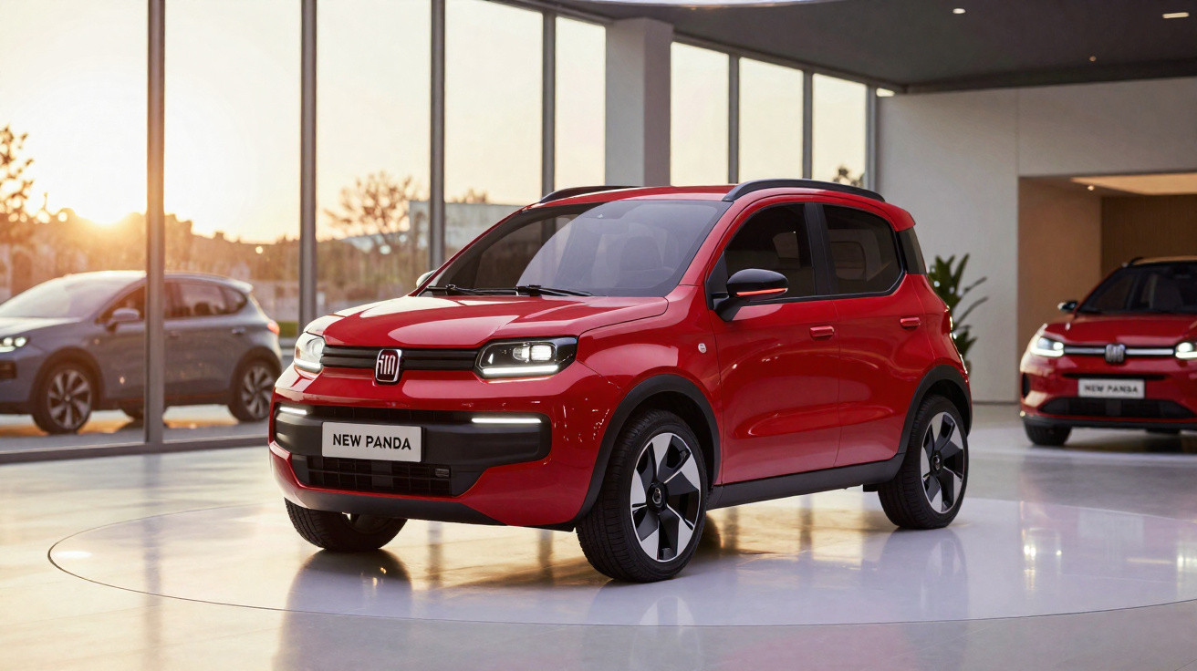 Carro Fiat New Panda vermelho exibido num espaço interior moderno com grande iluminação natural.