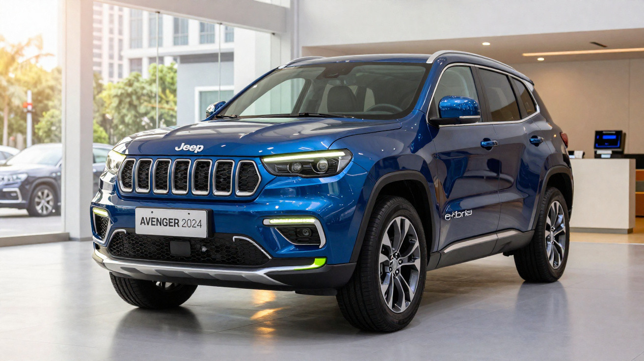 Jeep Avenger 2024 híbrido azul exposto em salão automóvel moderno, em ambiente interior iluminado.