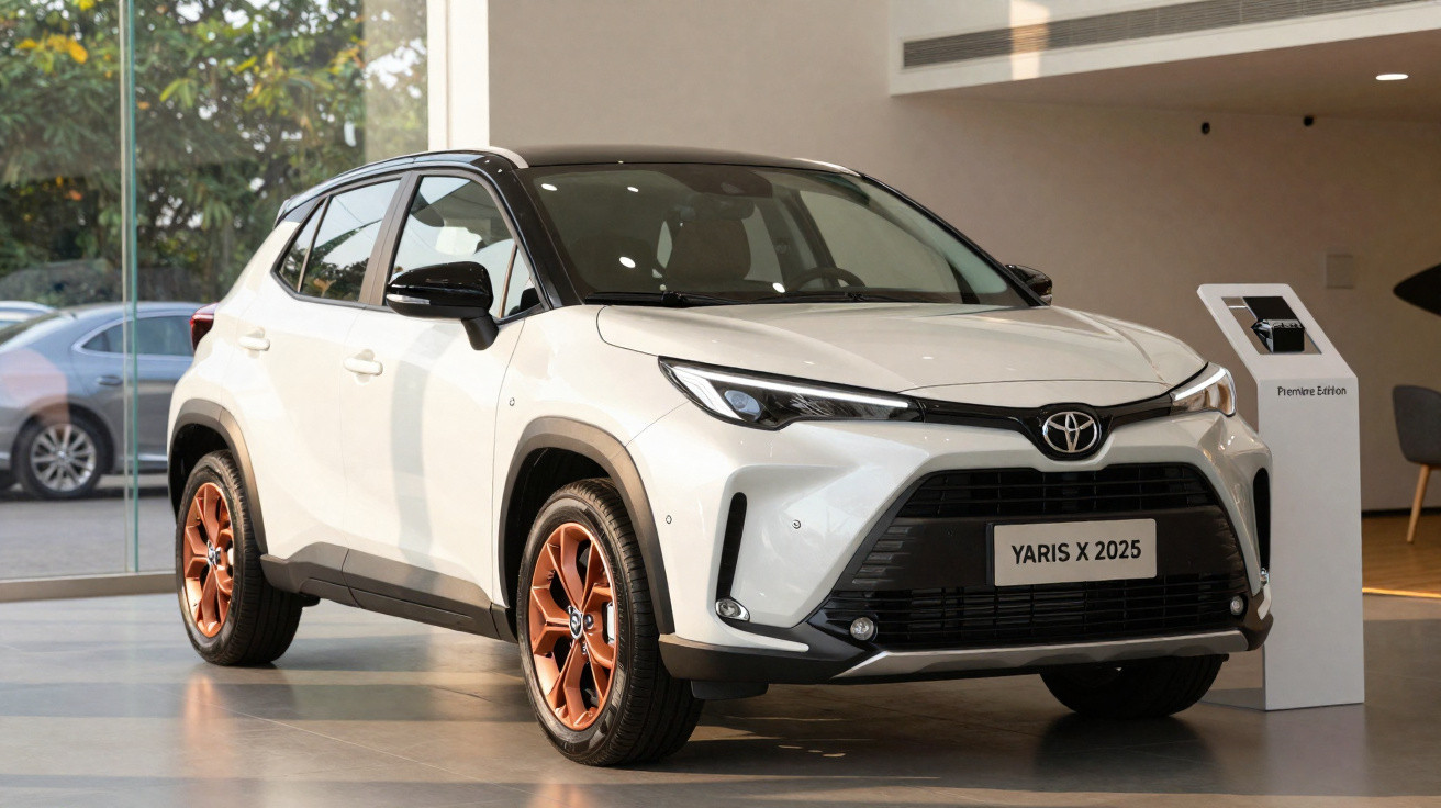 Toyota Yaris X 2025 branco com detalhes em preto e jantes castanho-avermelhadas, exposto numa sala moderna.