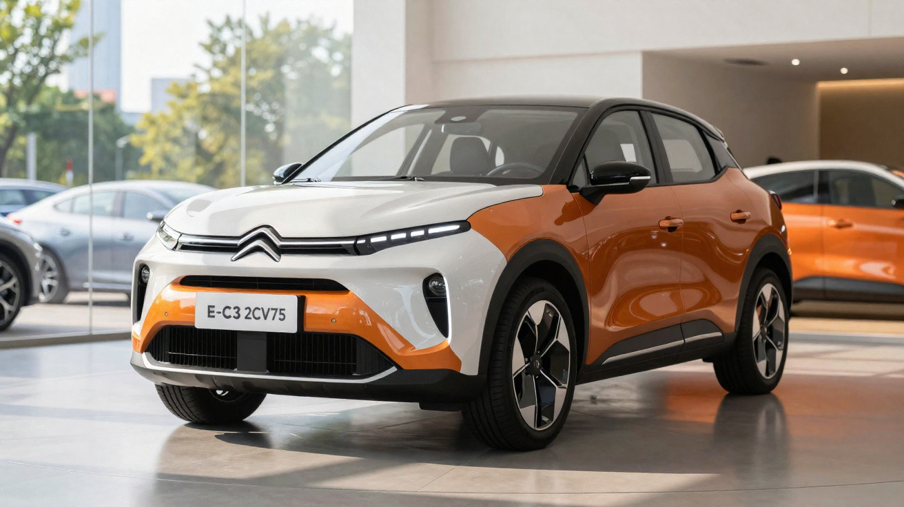 Carro Citroën E-C3 bicolor branco e laranja, elétrico, exibido numa sala de exposição moderna.